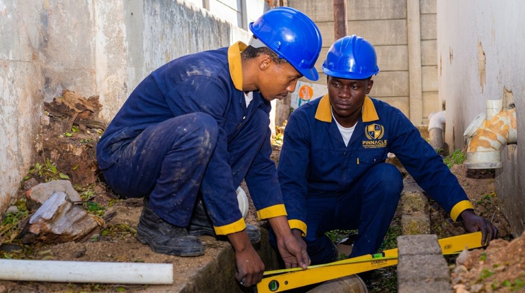 Bricklayer assistant students working on a foundation at Pinnacle Technical Academy Johannesburg