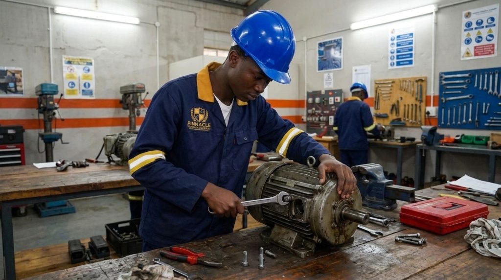 Mechanical fitter student repairing an electric motor at Pinnacle Technical Academy Johannesburg